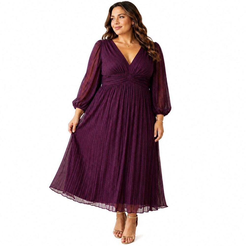 Elegant V-Neck Pleated Midi Dress in Plum Or Pink With Silver Sparkle